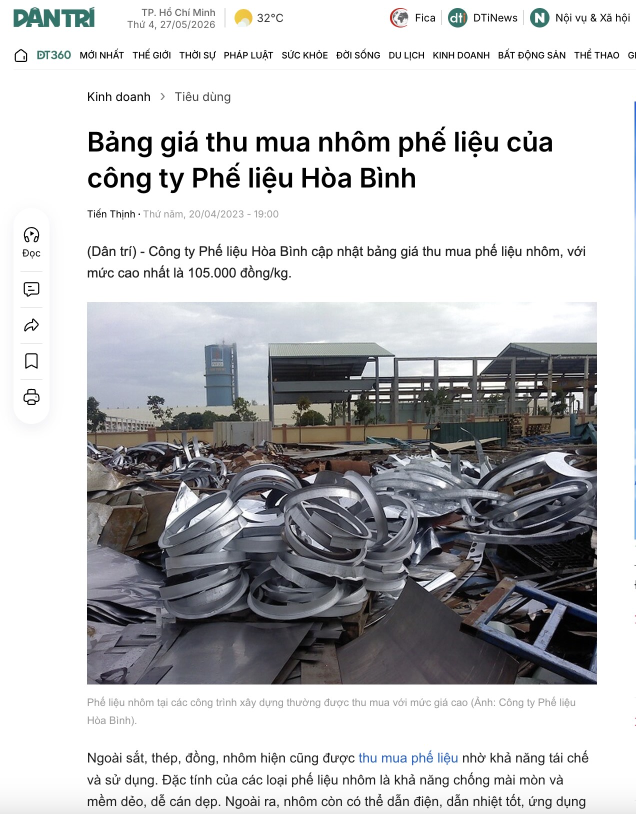 Bảng giá thu mua nhôm phế liệu của công ty Phế liệu Hòa Bình | Báo Dân trí