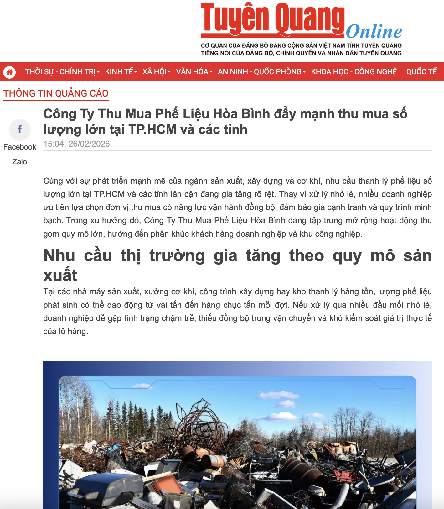 Công Ty Thu Mua Phế Liệu Hòa Bình đẩy mạnh thu mua số lượng lớn tại TP.HCM và các tỉnh - Báo Tuyên Quang điện tử