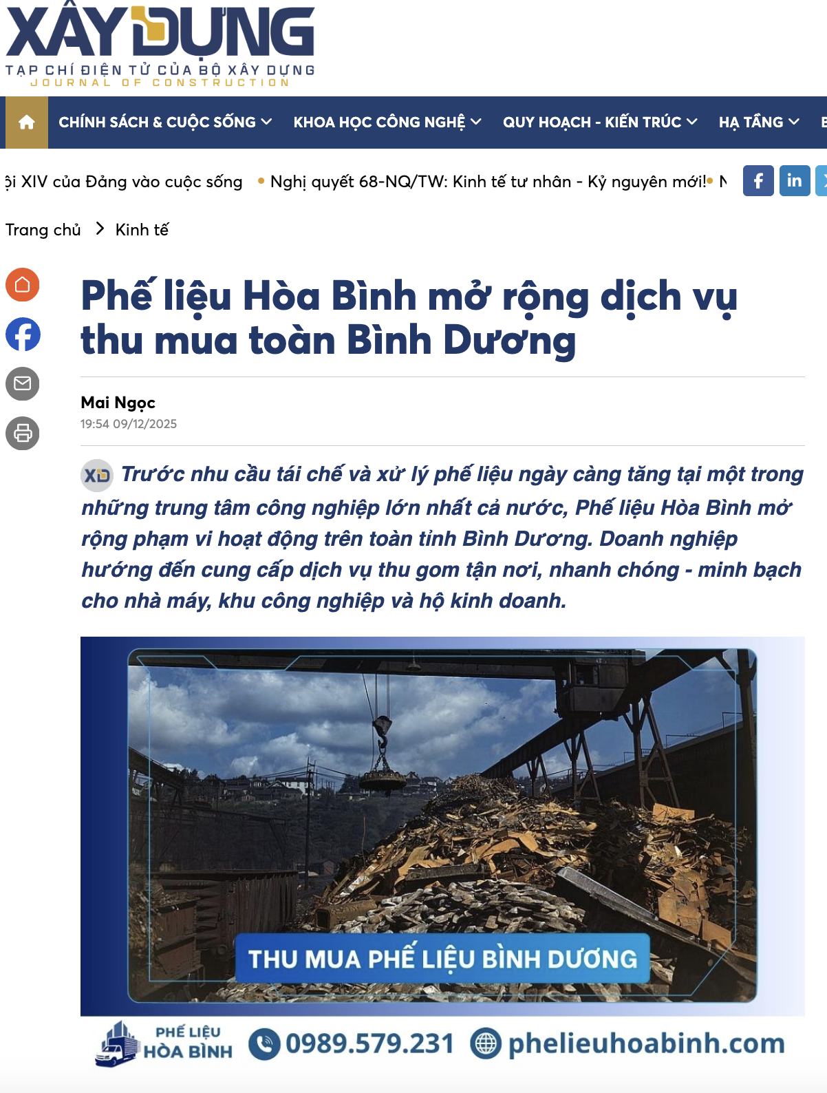 Phế liệu Hòa Bình mở rộng dịch vụ thu mua toàn Bình Dương - Tạp chí Xây dựng - Bộ Xây dựng